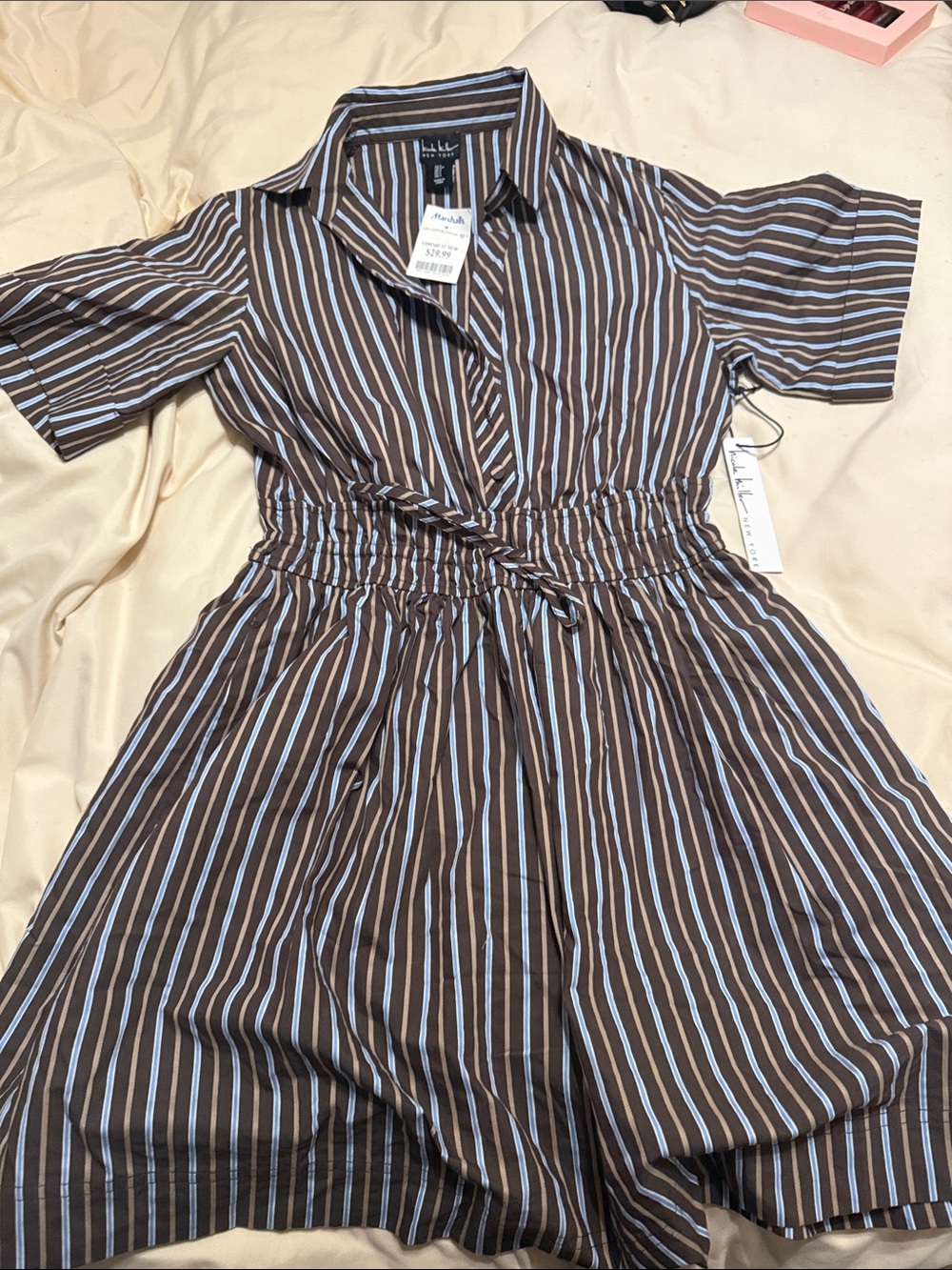 Nicole Miller Brown and Light Blue Striped Shirt Dress